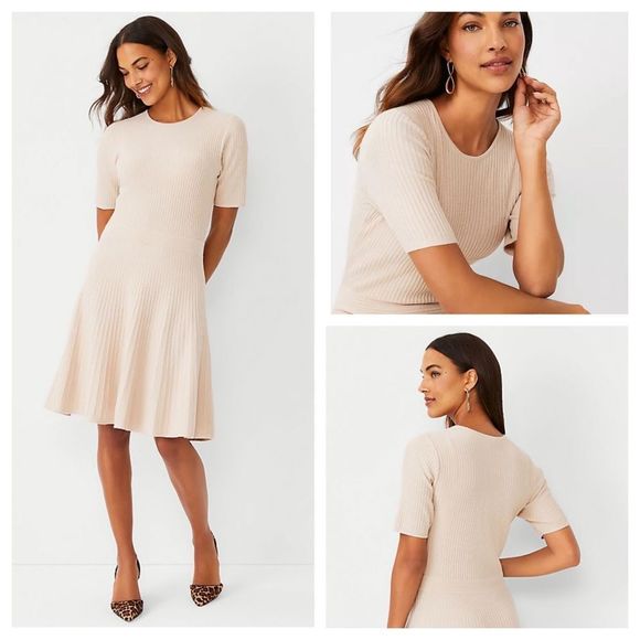 Ann Taylor Dresses & Skirts - Ann Taylor XSP Petite Beige Neutral Ribbed Flare Midi Sweater Dress